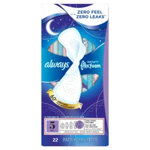 Always Infinity Size 5 Extra Heavy Overnight, Unscented with Wings, 22 CT – Case Pack of 6, Always,